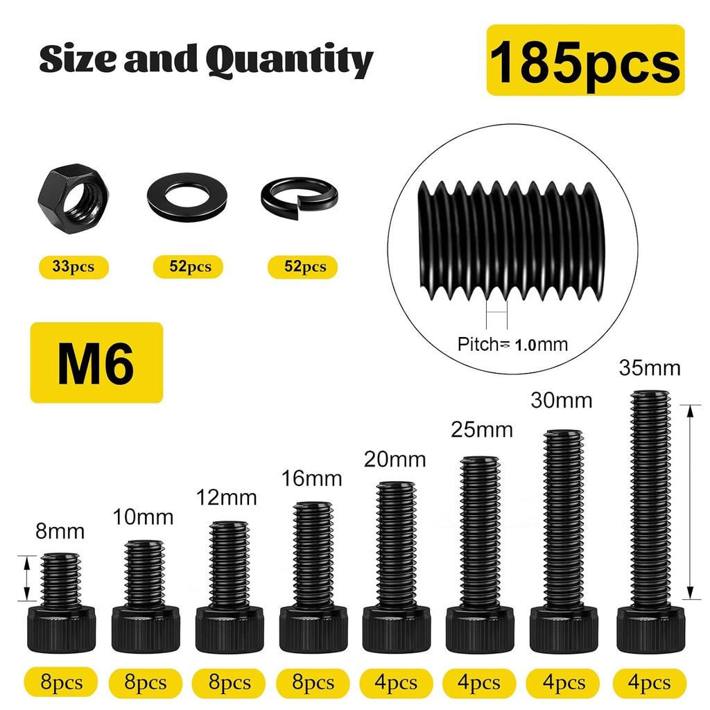 185PCS M6 Socket Screws Assortment Kit, M6x8/10/12/16/20/25/30/35 mm