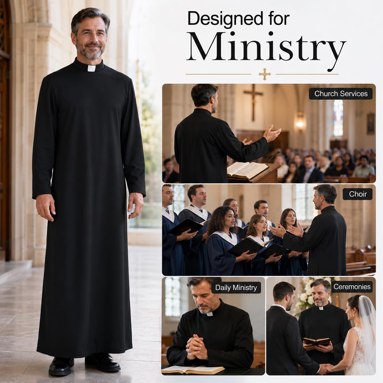 Unisex Cassocks Pulpit Robes Clergy Vestments Pastor Bishop Costume with Tab Insert Collar