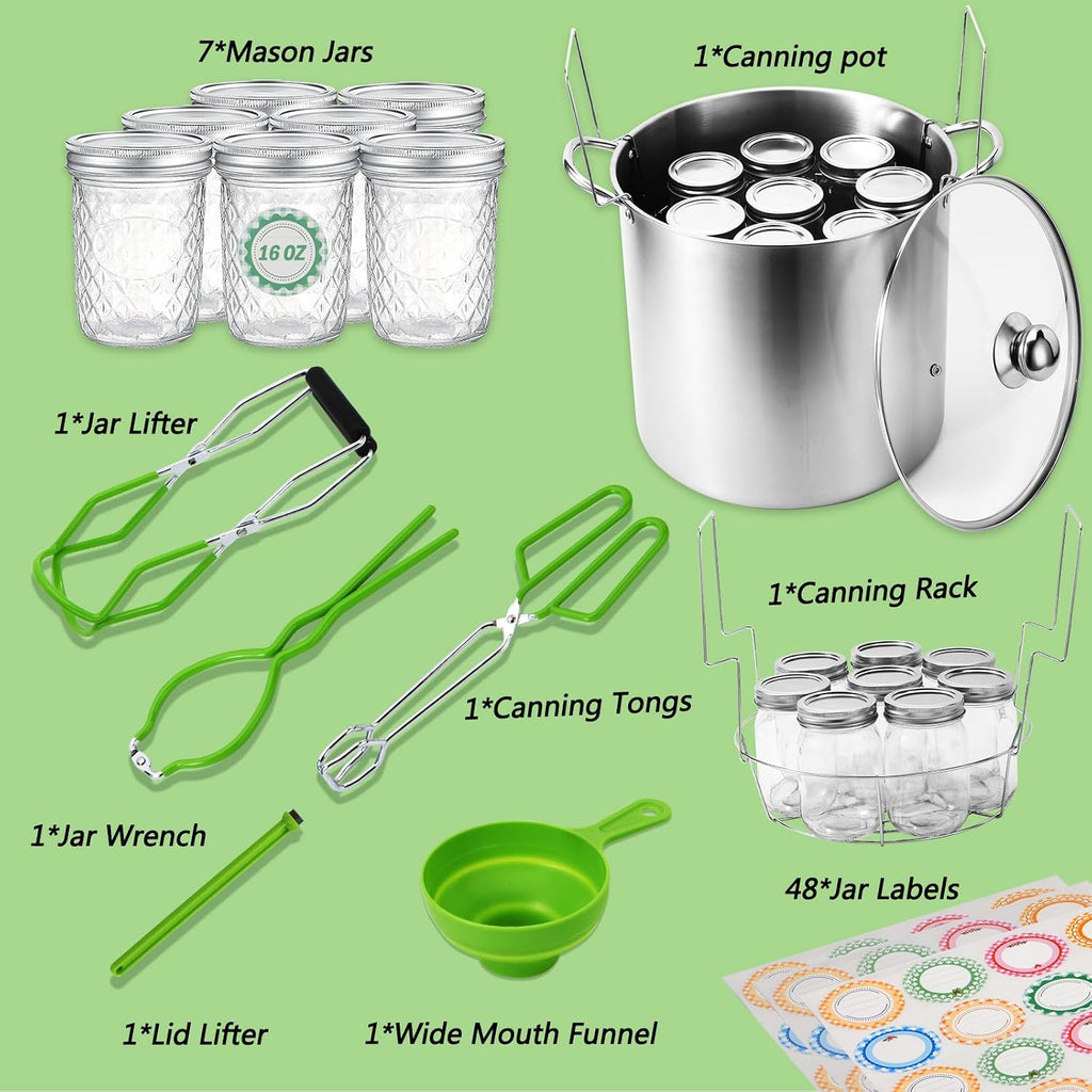 Canning Pot Water Bath Canner with Rack and Mason Jars, 20 Quart Stainless Steel Stock Pots, Canning Supplies Starter