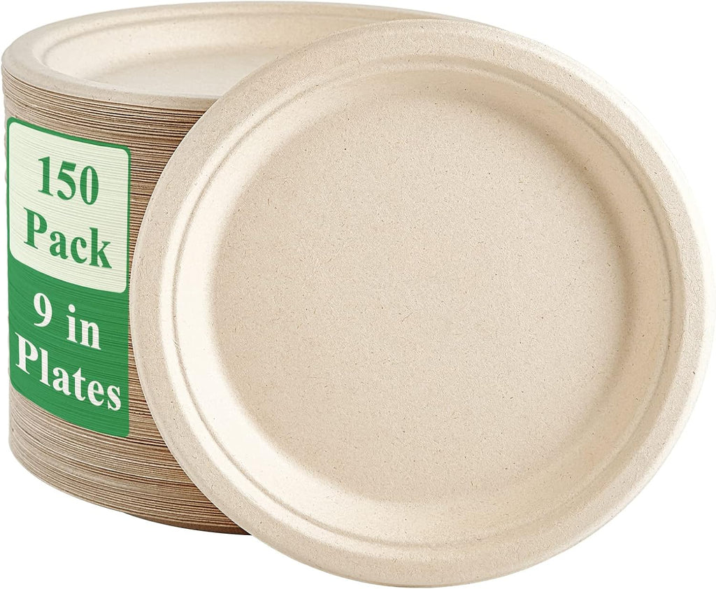 150 Pack Compostable Bagasse Paper Plates 9 inch, Nature