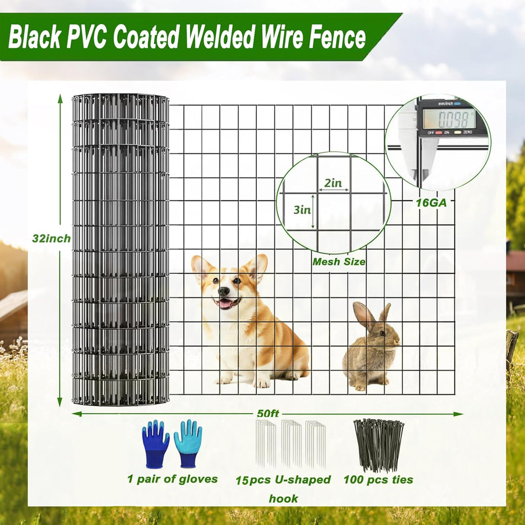 Welded Wire Fence 36inch x 50ft Roll,16 Gauge 2" x 3" Mesh Black
