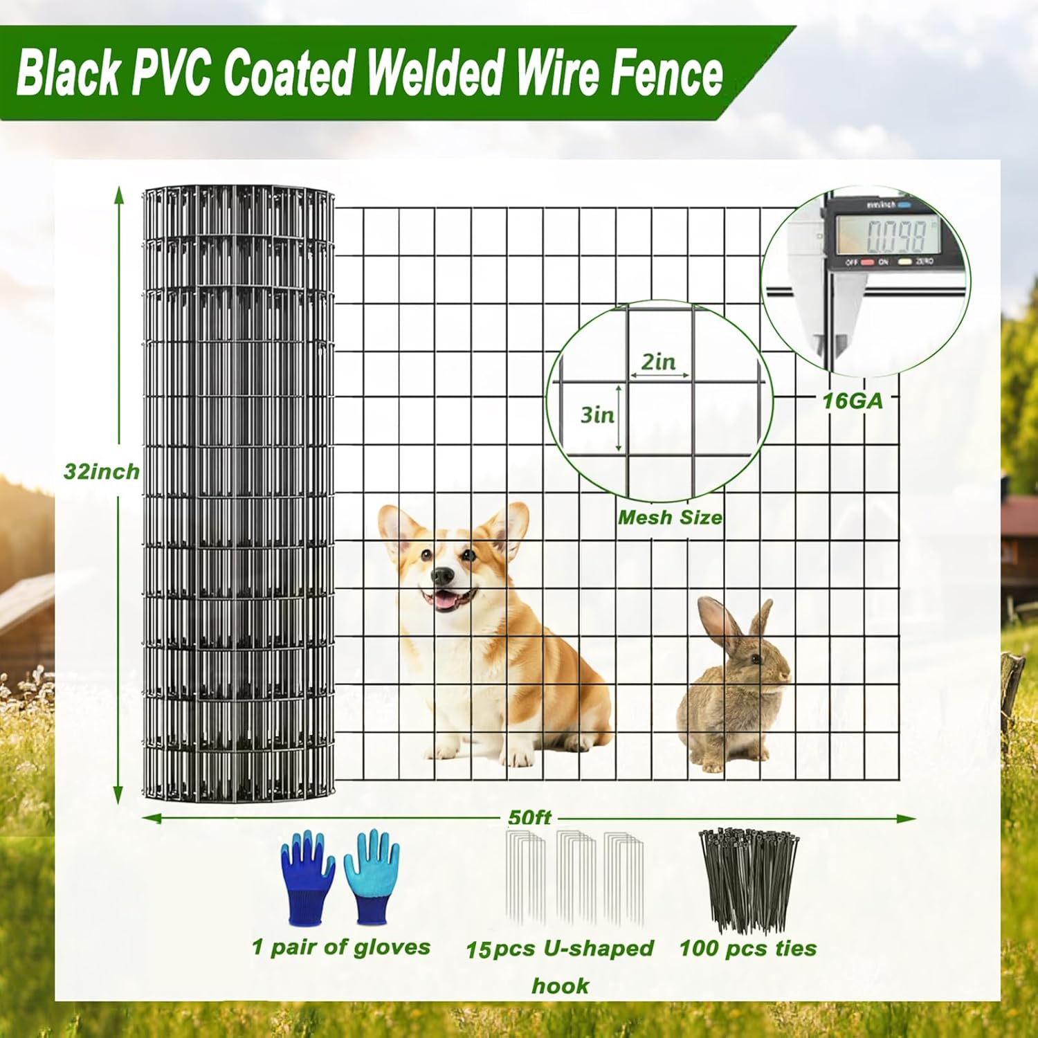 Welded Wire Fence 36inch x 50ft Roll,16 Gauge 2" x 3" Mesh Black