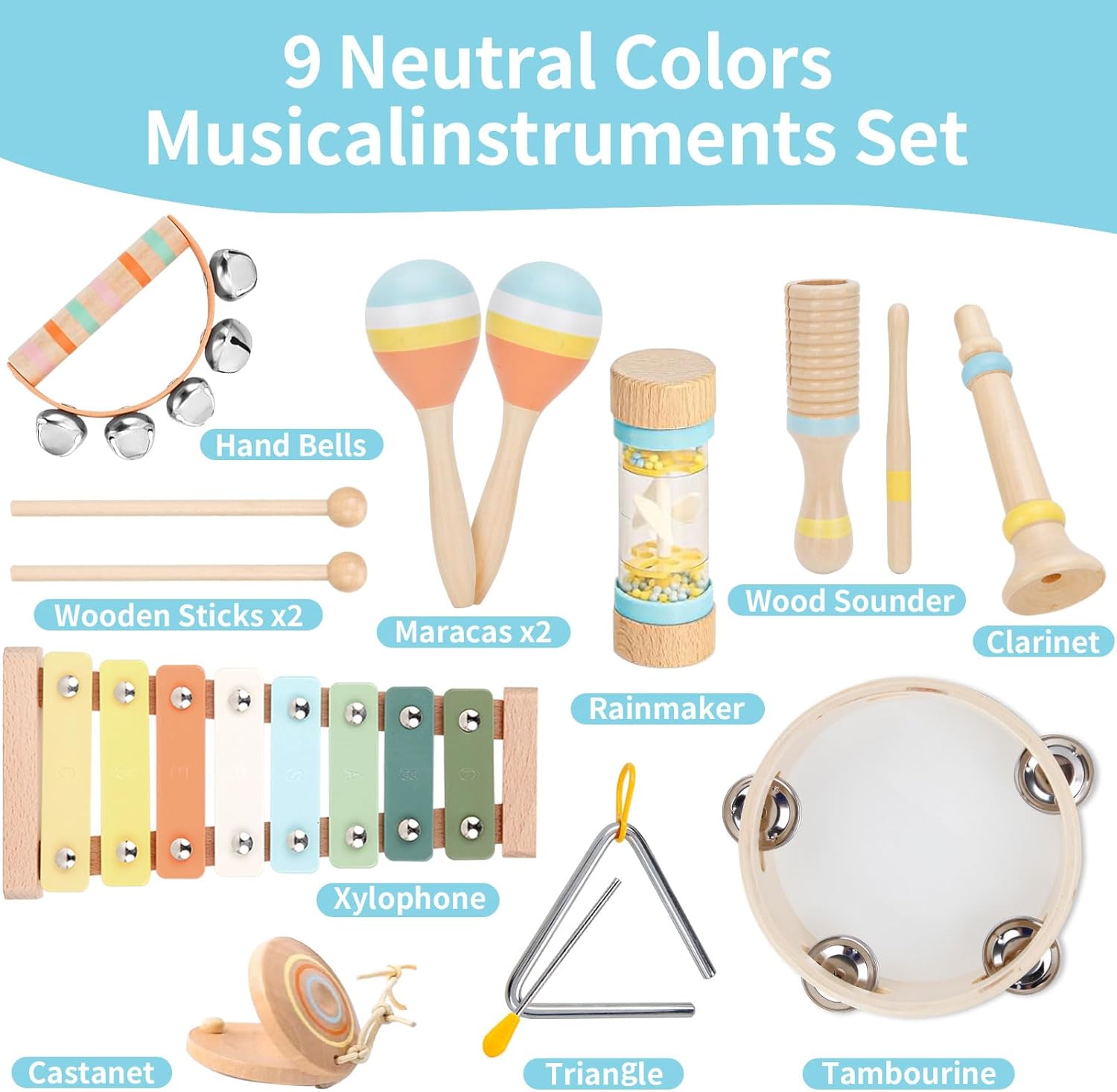 Baby Musical Instruments Set Wooden Montessori Toys for Toddlers | musical toy for toddlers 1-3, xylophone tambourine