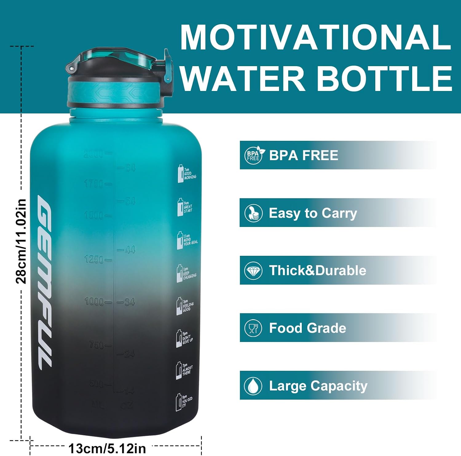 2.2L Big Water Bottle with Straw 74oz Motivational Jug (Green/Black) | Bpa Free, Leak-proof, Time Marker Tracks Daily