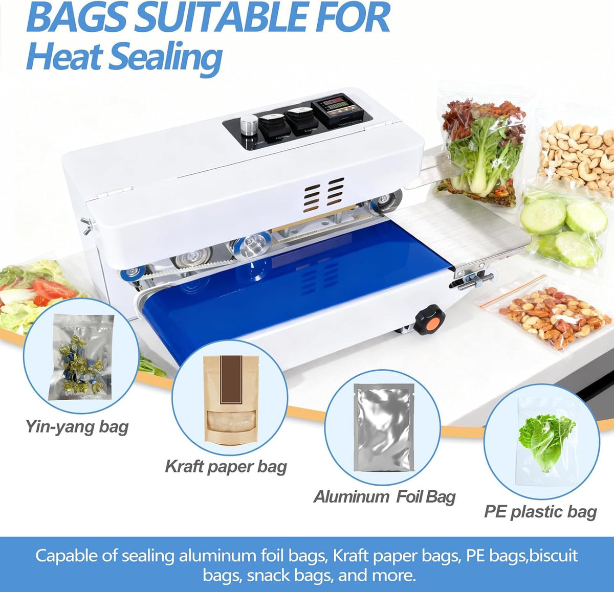 Commercial Heat Sealer Machine, Automatic Continuous Bag Band Sealing Machine with Digital Temperature Control