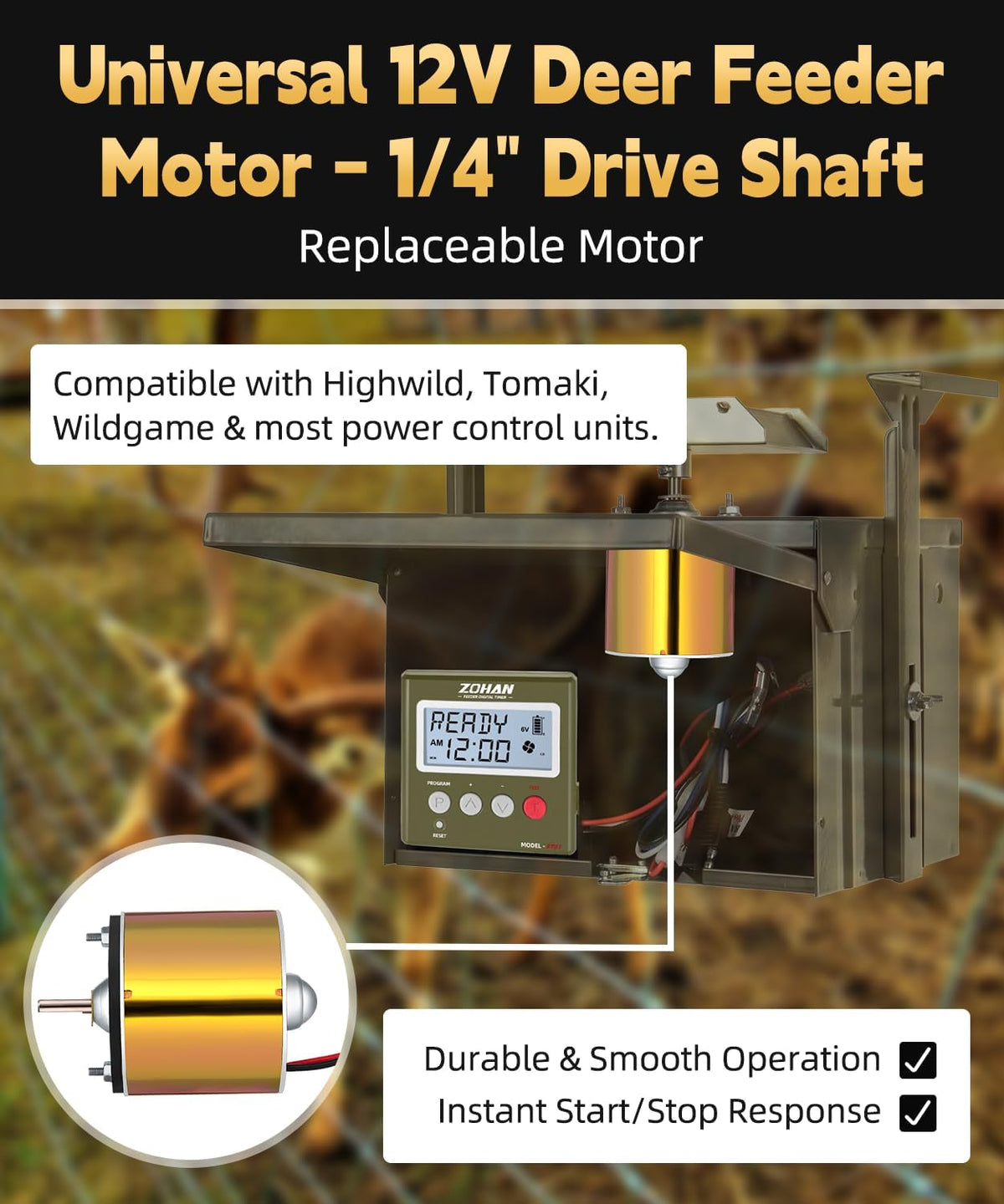 12V Motor for Deer Feeder - 1/4" Shaft Feeder Replacement Heavy-Duty Motor with Smooth Start and Stop,S-Plug
