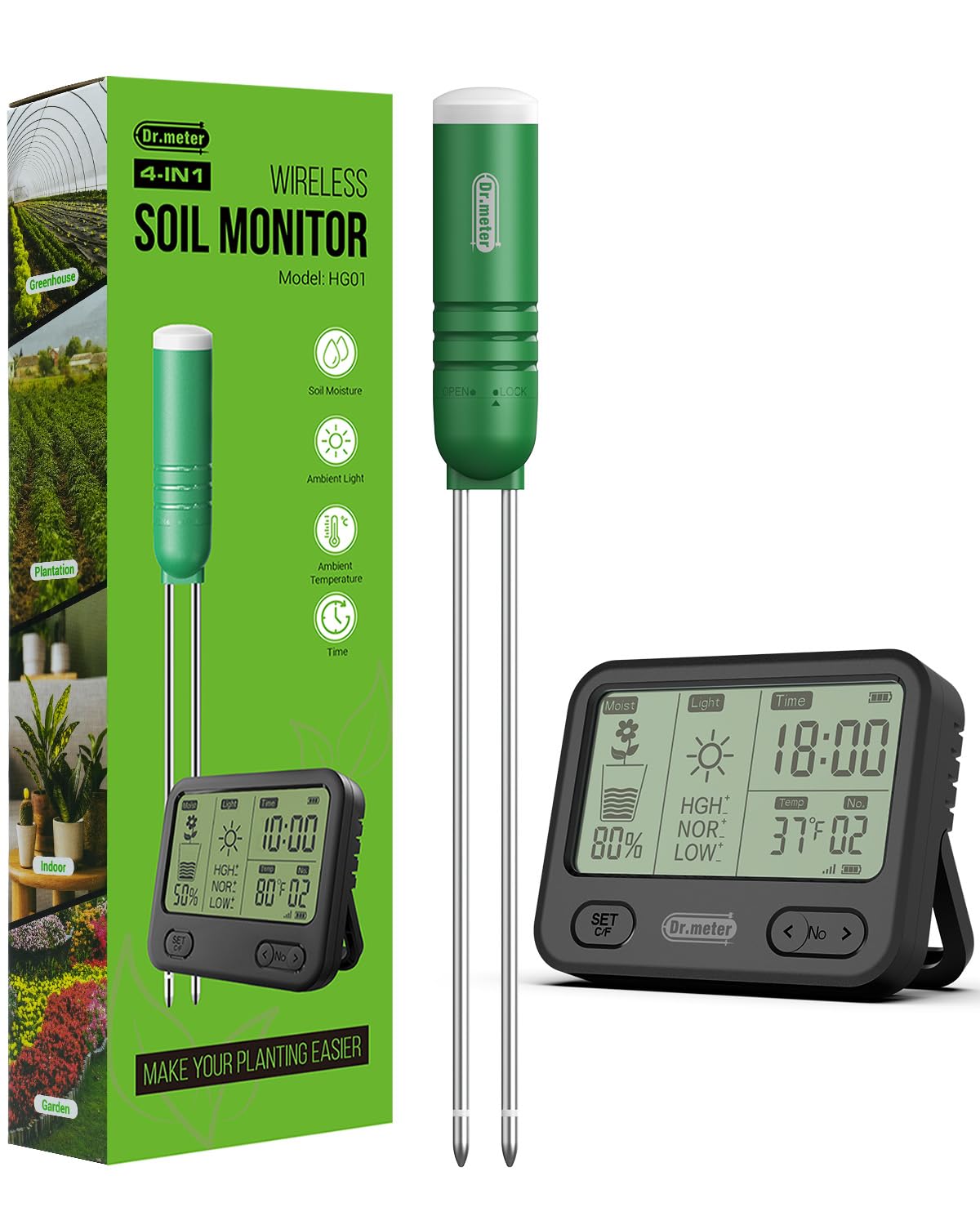 4-in-1 Soil Moisture Meter 300ft Wireless Soil Tester Sensor | Temperature/Light/Time/Soil Hygrometer Monitor with