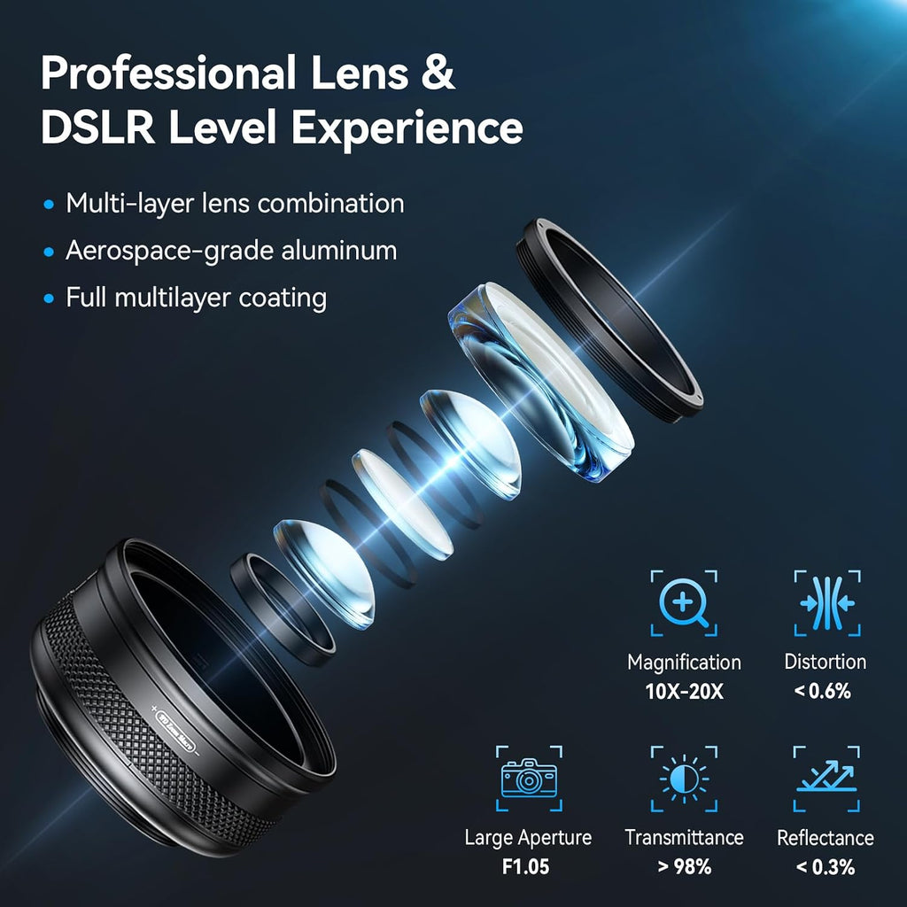 10-20X Macro Lens for iPhone & Android Phones | HD Photography Lens Kit with Universal Clip & 45-Mode Fill Light |