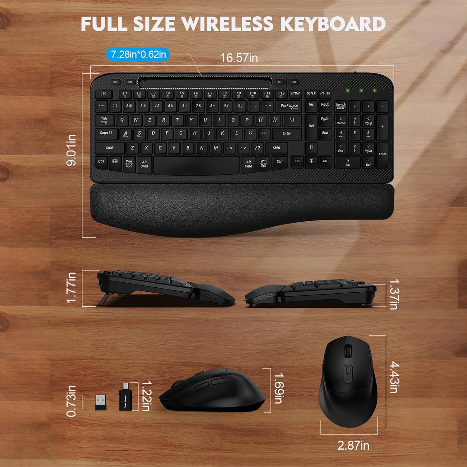 Wireless Keyboard and Mouse Combo, Full-Sized Ergonomic Wave Keys Keyboard with Memory Foam Wrist Rest & Phone