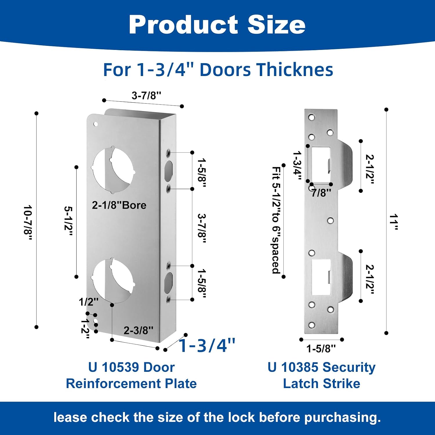 U 10539 Door Reinforcement Plate & U10385 Strike for 1-3/4" Thick Doors | Fits 2-3/8" (60mm) backsets,Stainless