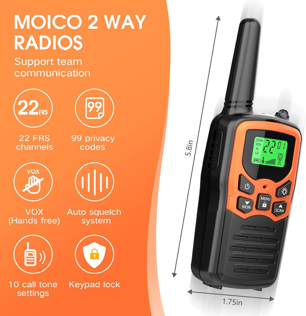 Walkie Talkies, MOICO Long Range Walkie Talkies for Adults with 22 FRS Channels, Family Walkie Talkie with LED