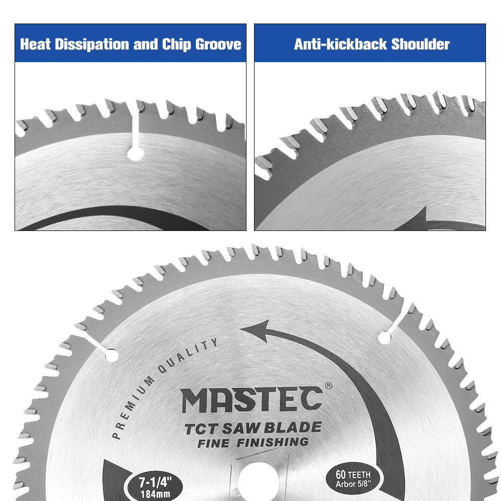 7-1/4 Inch Circular Saw Blade 60 Tooth ATB Anti Kickback Feature for Wood with 5/8-Inch DMK Arbor