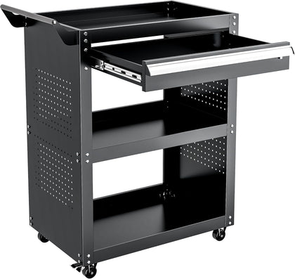 3-Tier Rolling Tool Cart with Drawer & Pegboard | 750LBS Load Capacity, Black Steel Rolling Tool Cart ,Mobile Utility