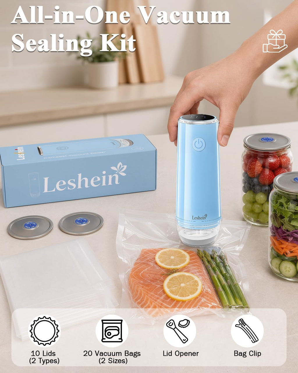 Handheld Vacuum Sealer for Food, Mason Jar Vacuum Sealer(Blue) | Built-in UV Light, With Bags And Mason Lids, Auto