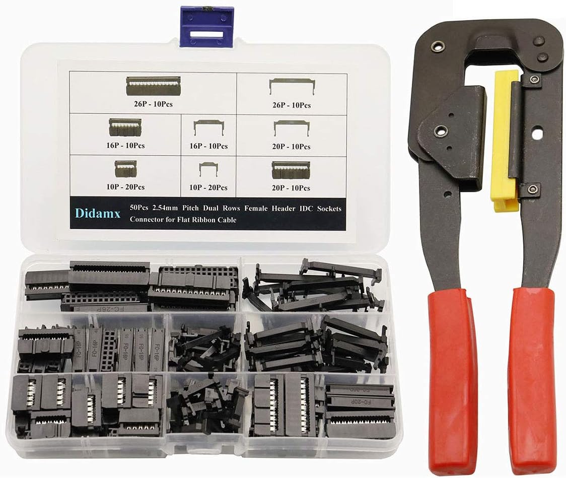 51Pcs 2.54mm Pitch Dual Rows IDC Sockets 10 16 20 26 Pin Female Header Rectangular Connector with IDC Crimp Tool for Flat Ribbon Cable