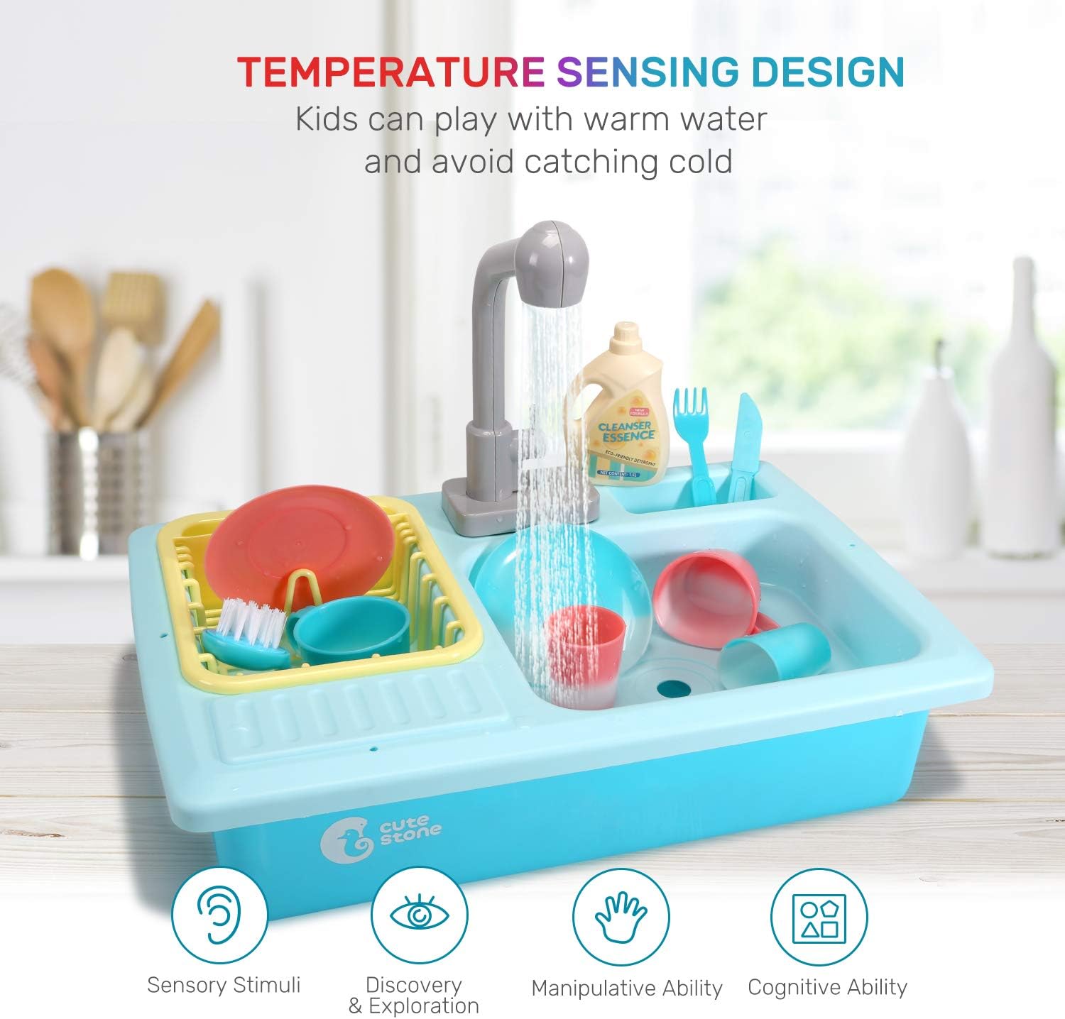 Color Changing Kitchen Sink Toys, Children Electric Dishwasher Playing Toy with Running Water, Upgraded Faucet