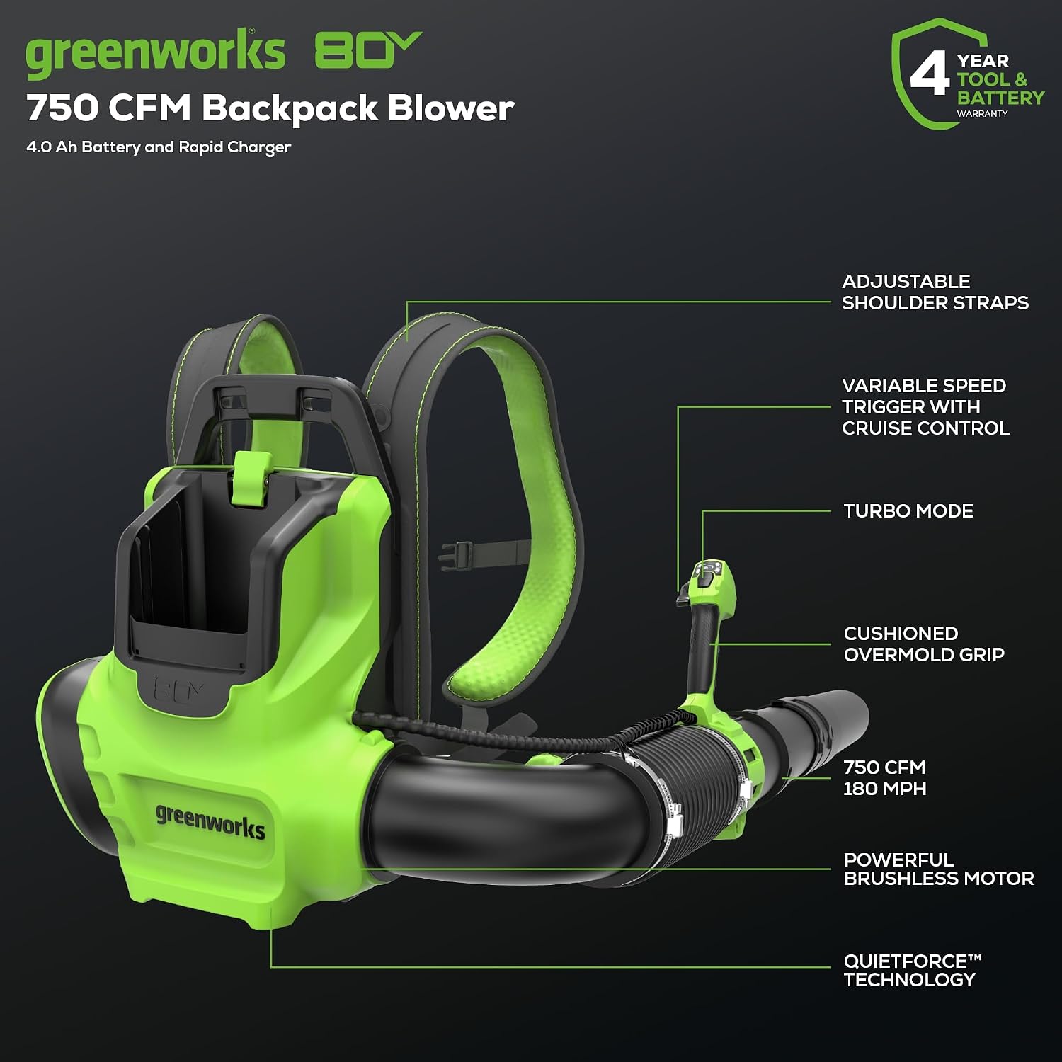 80V Backpack Leaf Blower, 750 CFM, 4.0 Ah Battery and Charger