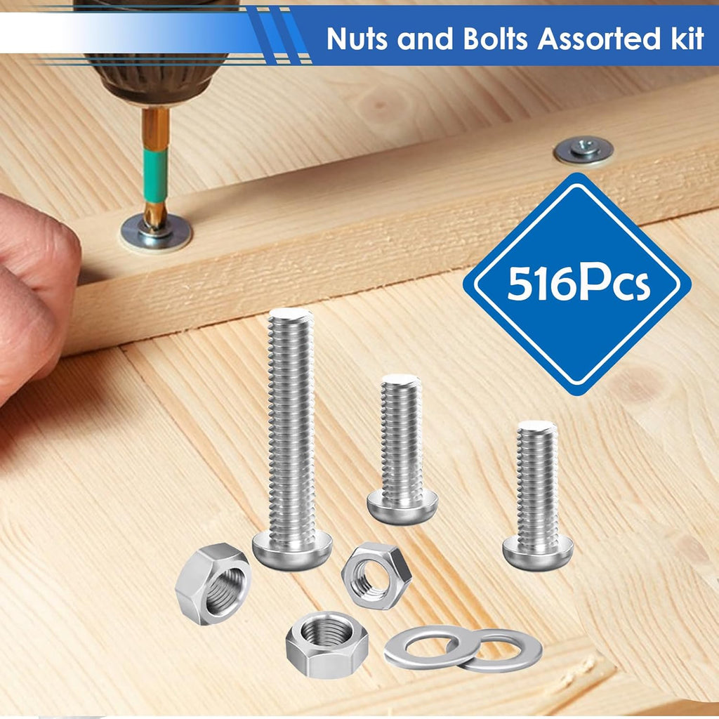 516Pcs Nuts and Bolts Assortment Kit 21-Sizes M3/M4/M5/M6 Nut Bolt Washer Assortment Kit for Machinery, Furniture