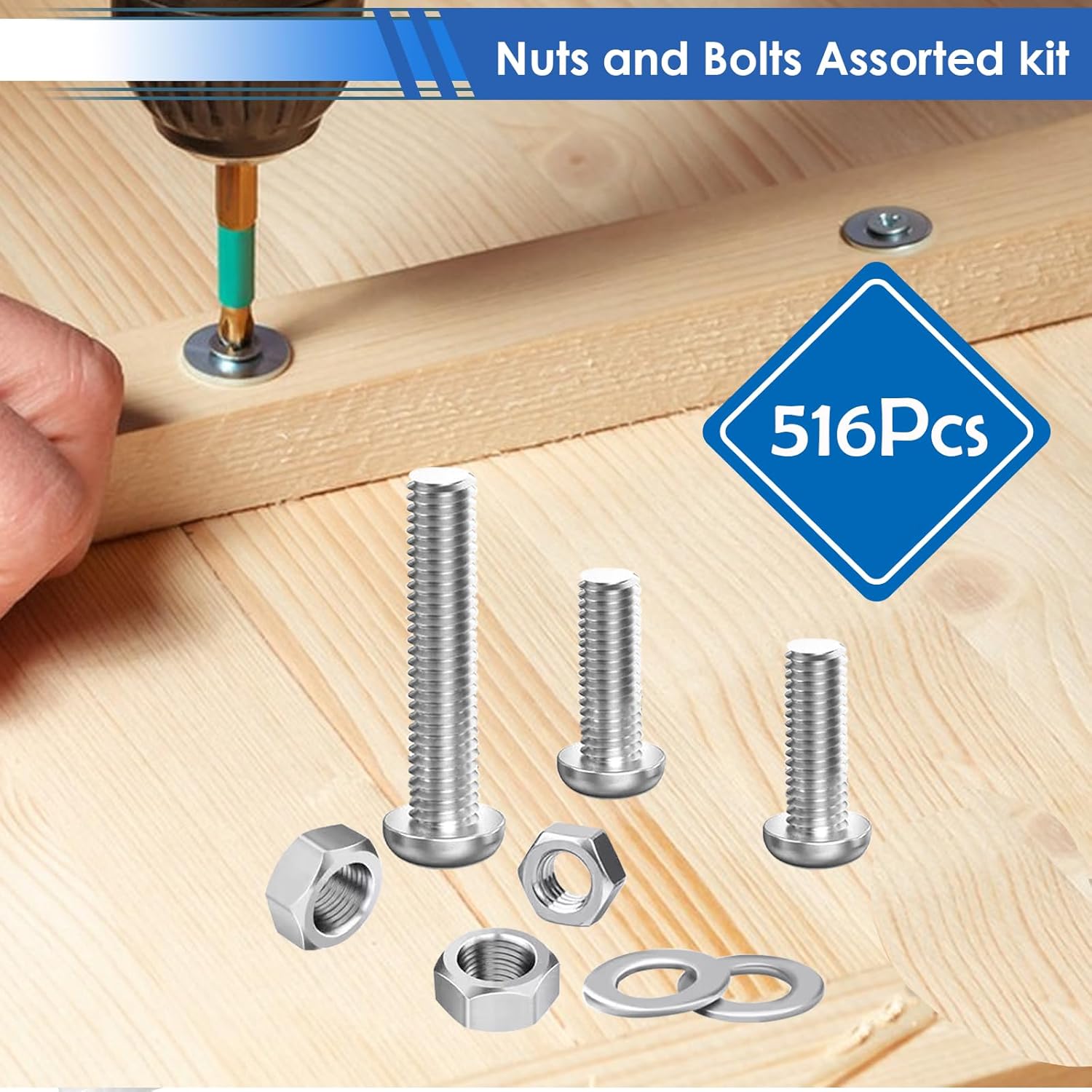 516Pcs Nuts and Bolts Assortment Kit 21-Sizes M3/M4/M5/M6 Nut Bolt Washer Assortment Kit for Machinery, Furniture