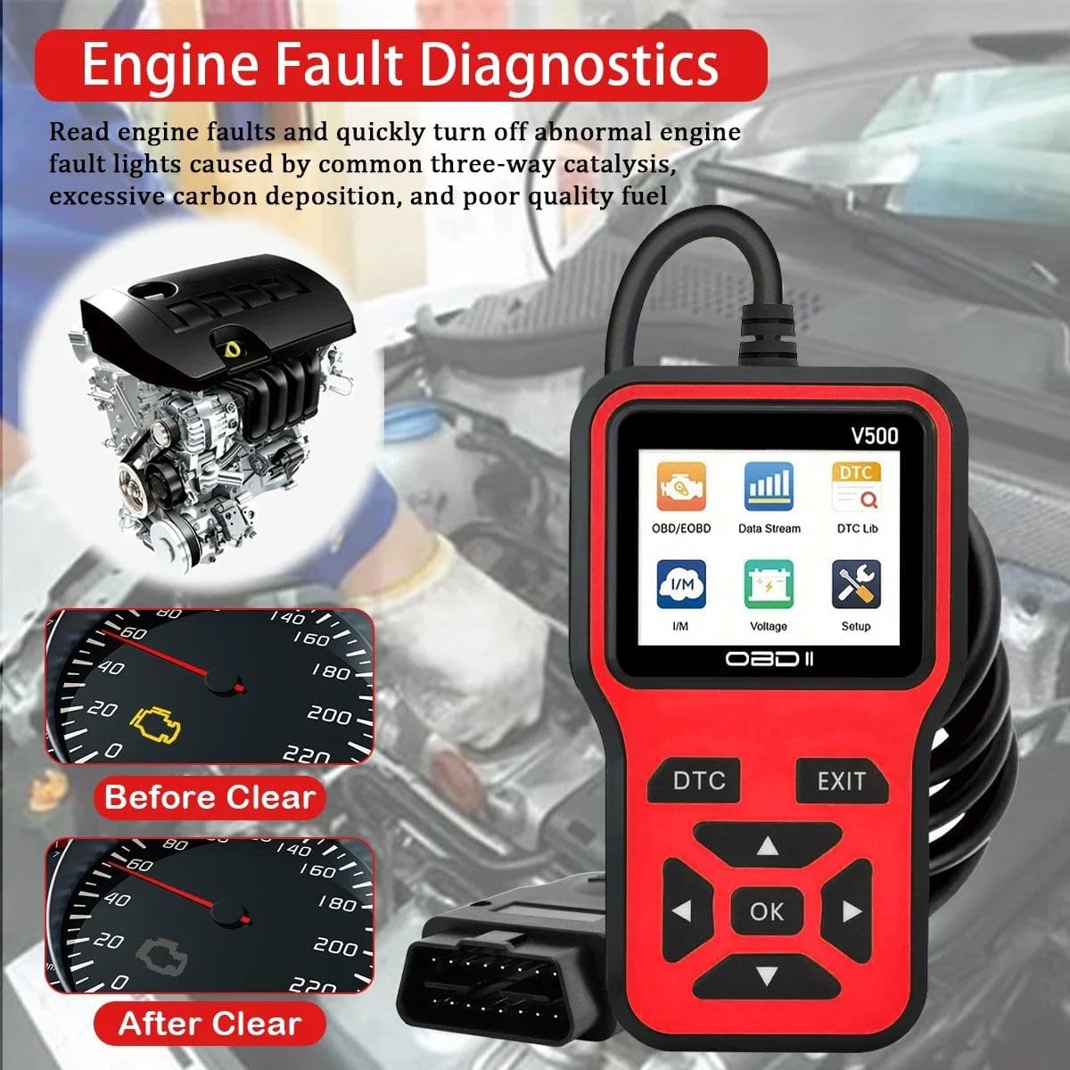 V500 OBD2 Scanner Diagnostic Tool, Professional Code Reader with Live Data Stream, DTC Lookup, I/M Readiness, O2