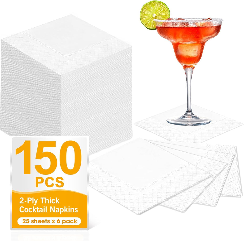150 Count Disposable White Cocktail Beverage Napkins for Party Bar