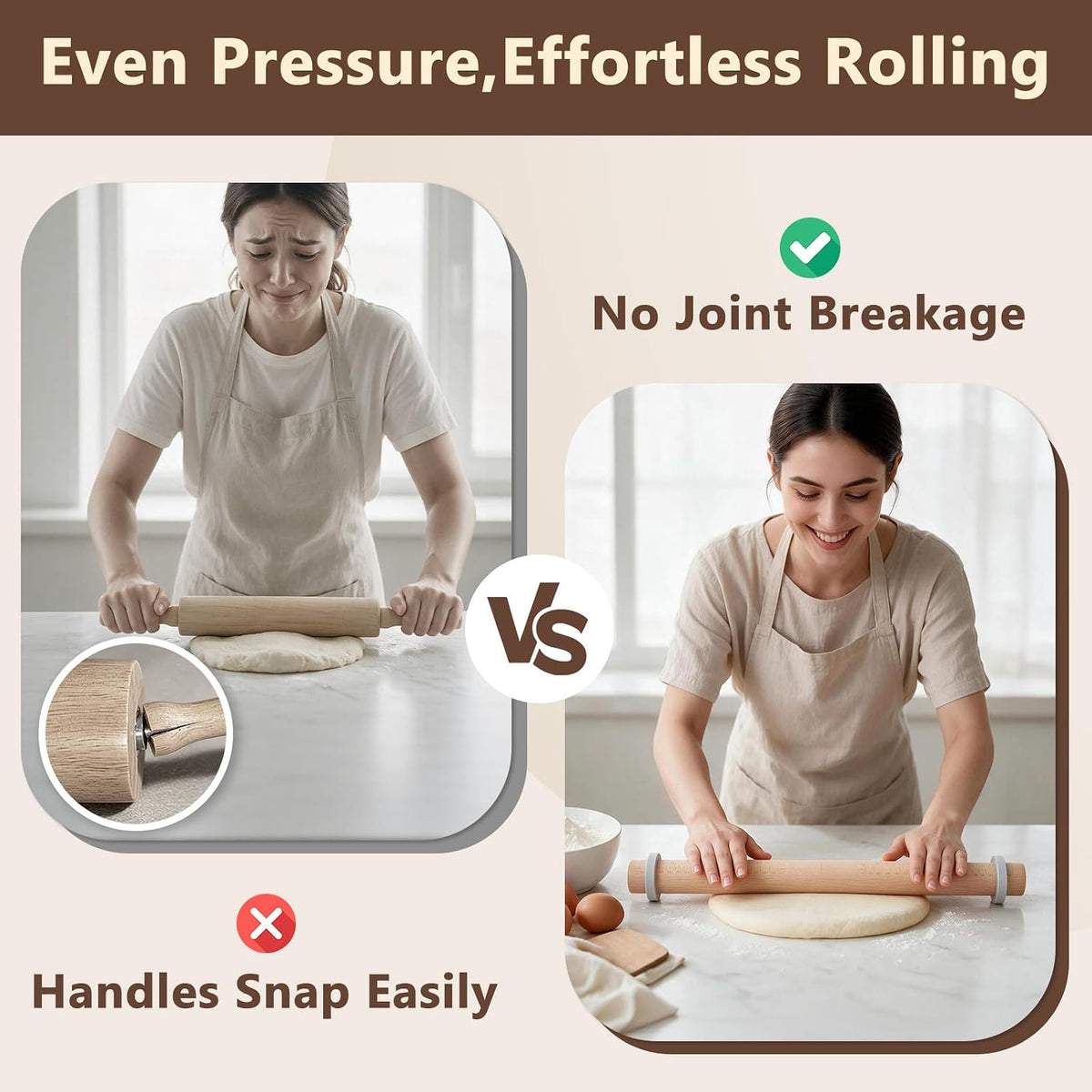 Wood Rolling Pin with Thickness Rings: Adjustable Dough Roller for Baking