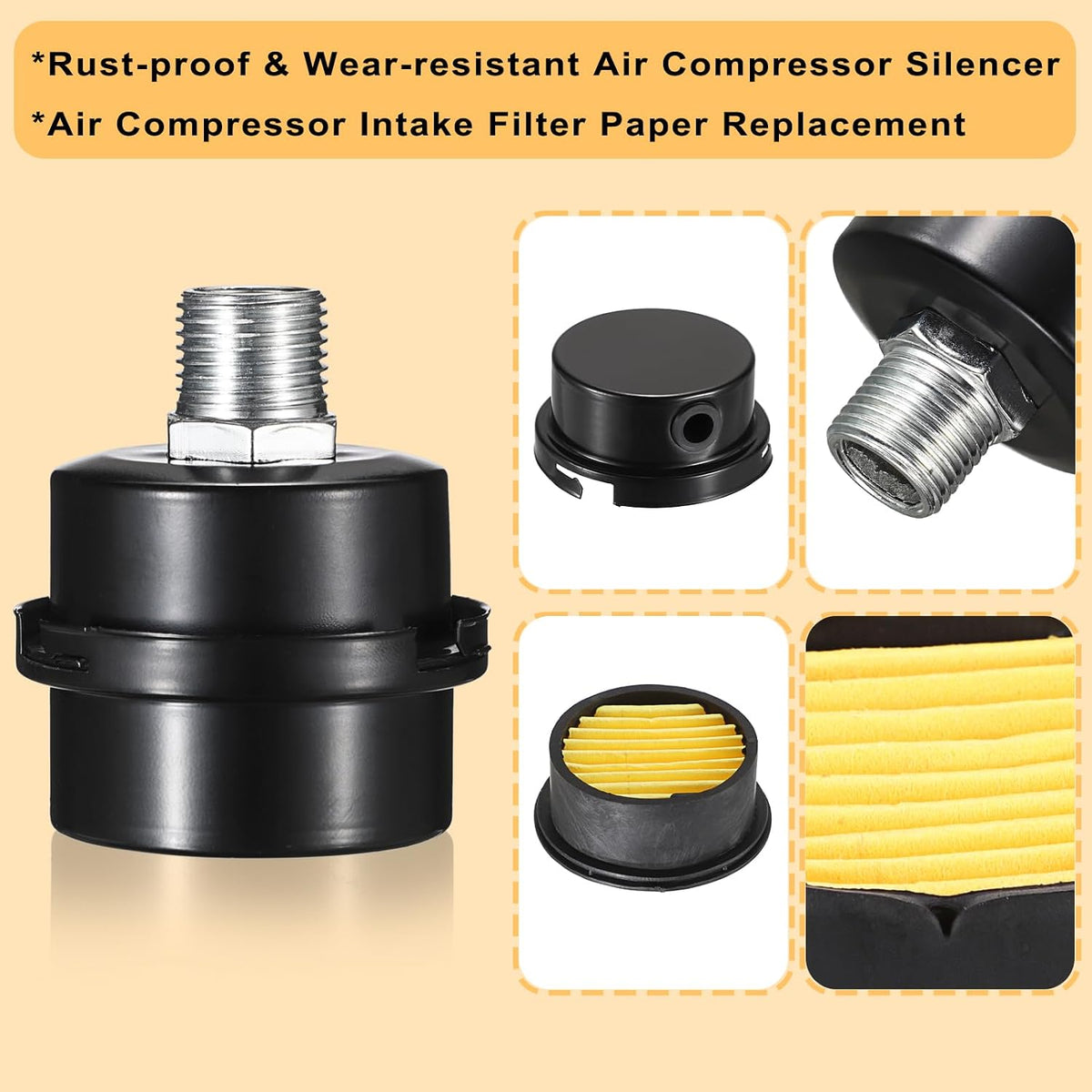 OwnMy 1 Set Air Compressor Silencer with Intake Filter, 1/2" Thread