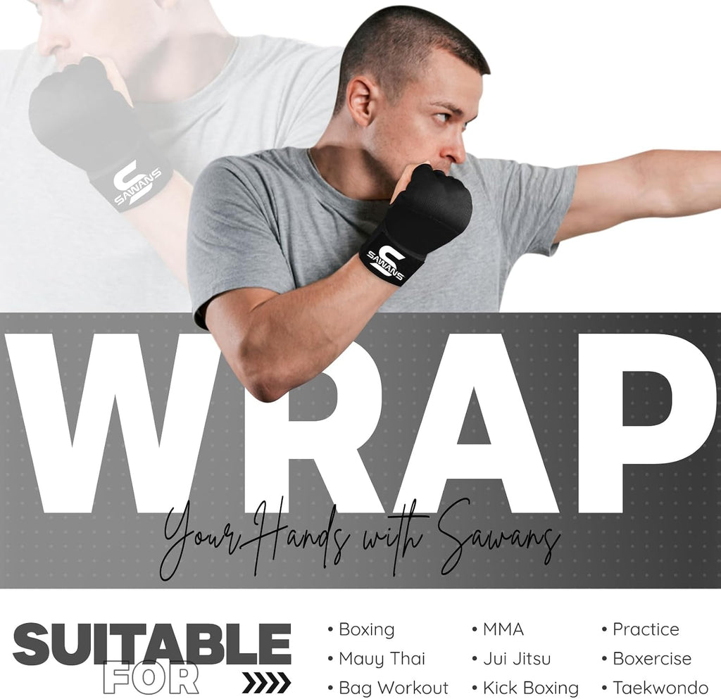 Boxing Hand Wraps Inner Gloves for Hand Protection Long Wrist Straps Elasticated, Padded Martial Arts Combat Gloves