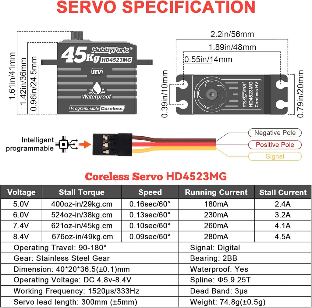 Waterproof 45KG Servo Coreless Motor 8.4V HV Servo High Torque Servo Full Metal Gear RC Servo Programmable for 1/8