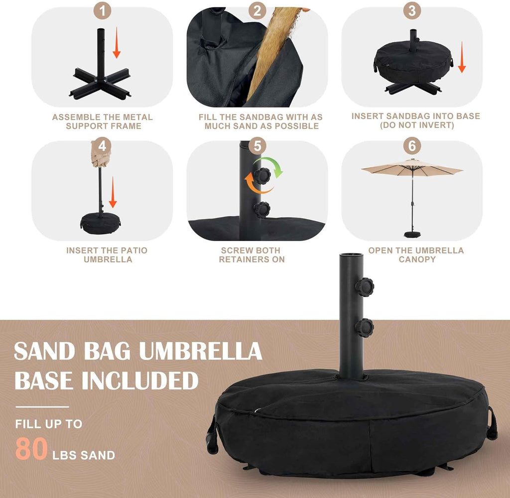 10 ft Patio Umbrella with Sand Bag Umbrella Base Included, Outdoor Umbrella with Tilt and Crank, Tan