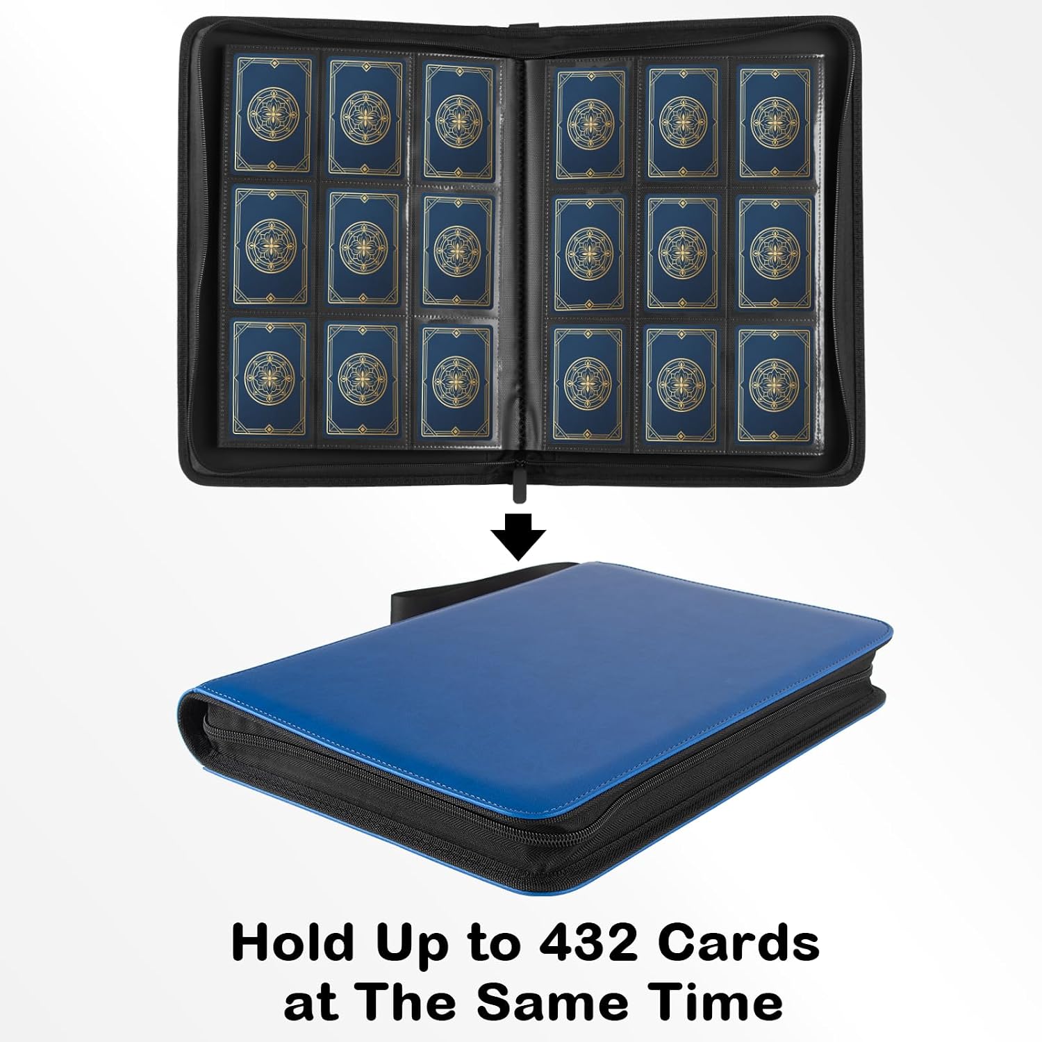 Ringless Trading Card Binder, 9 Pocket, 432 Storage Capacity, Blue | Premium Double-Sided PU Leather & Side Load