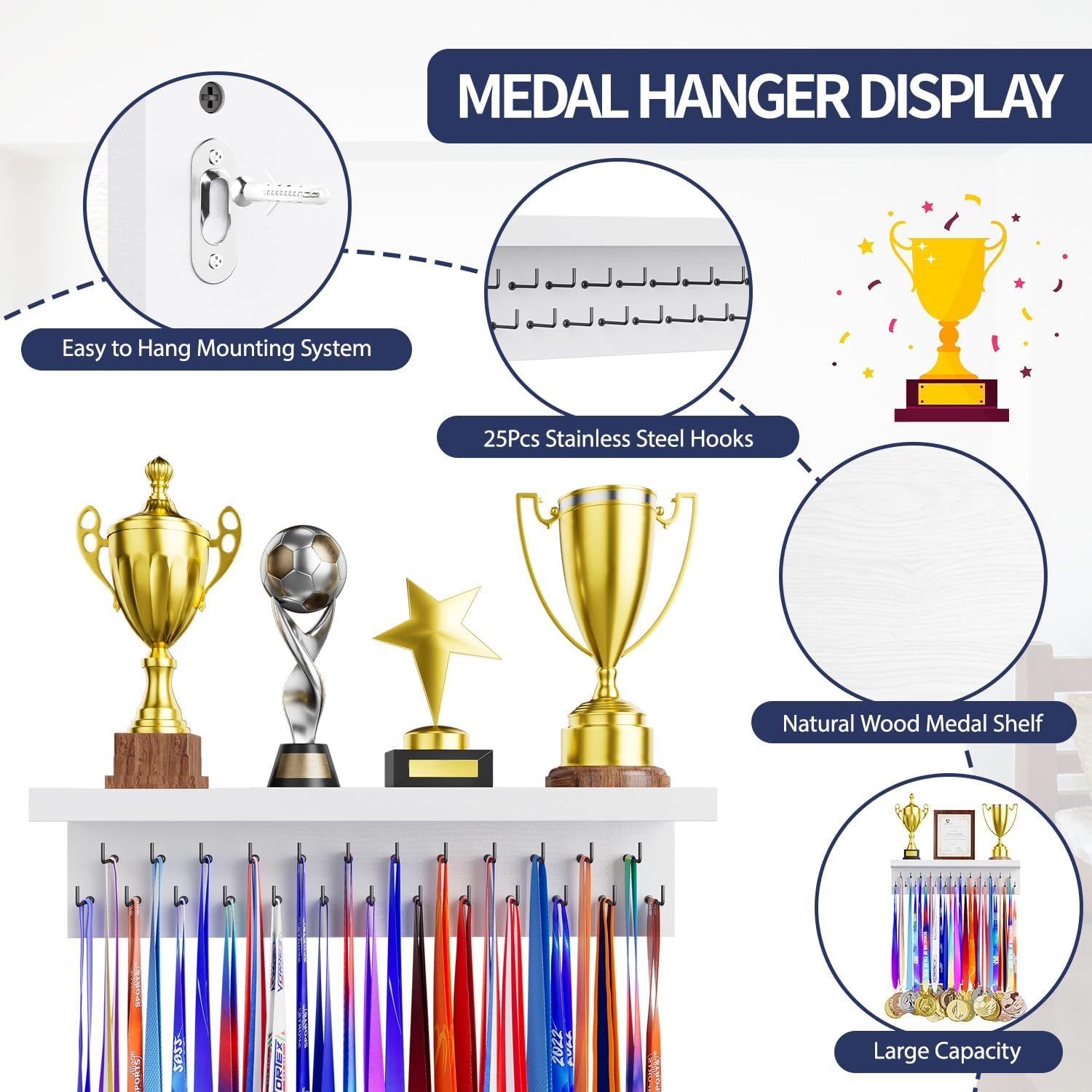 Medal Holder Display Trophy Shelf Organizer, Sturdy Wooden Race Award Hanger Rack with 25 Steel Hooks, Wall Mount