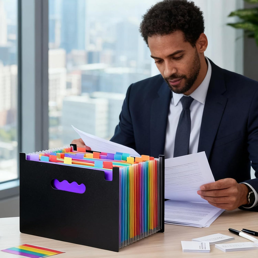 File Organizer Box with 25-Pocket Accordion Folder, File Folder & Protective Lid - Document Storage for Home, Office