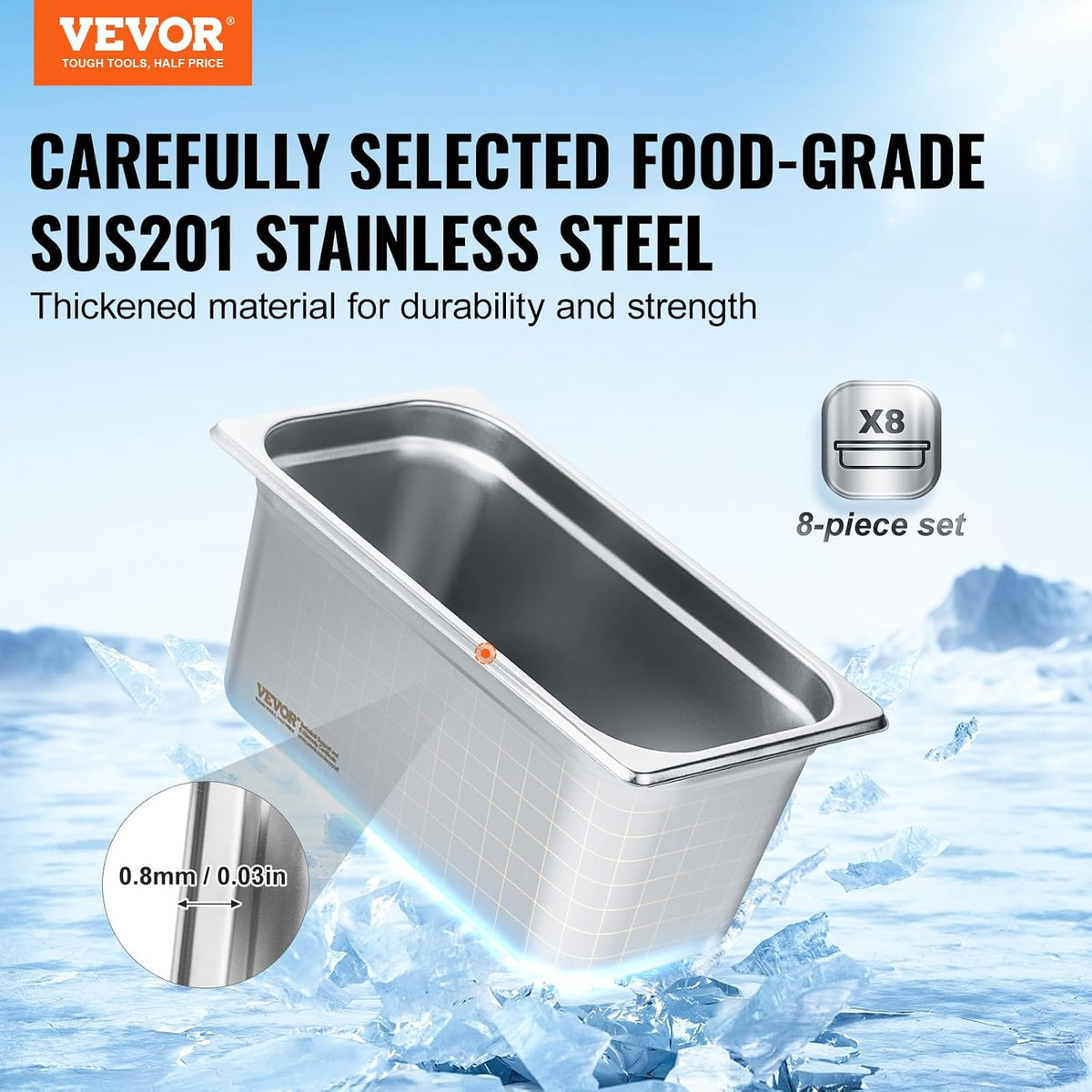 8 Pack Hotel Pans with Lids, 1/3 Size Anti-Jam Steam Pan, 0.8mm Thick Stainless Steel Steam Table Pan, 6-Inch Deep