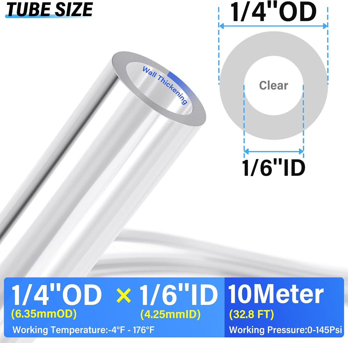 TAILONZ Clear 1/4" OD PU Air Hose 10M/32.8ft