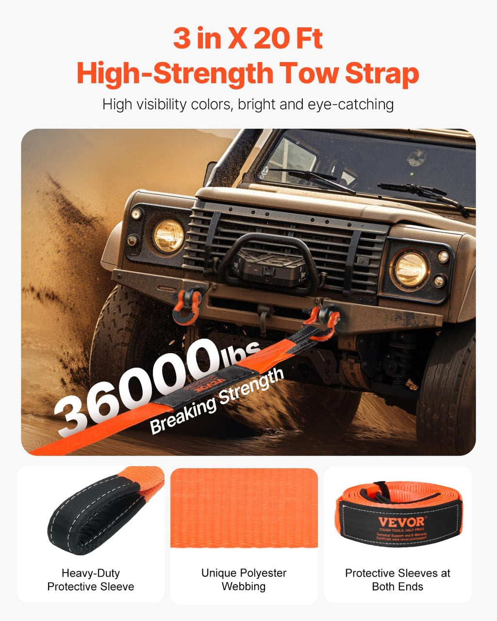 Heavy Duty Tow Strap Recovery Kit 3 in x 20 ft (MBS-36,000 lbs) Tree Saver Winch Strap, Triple Reinforced Loop &