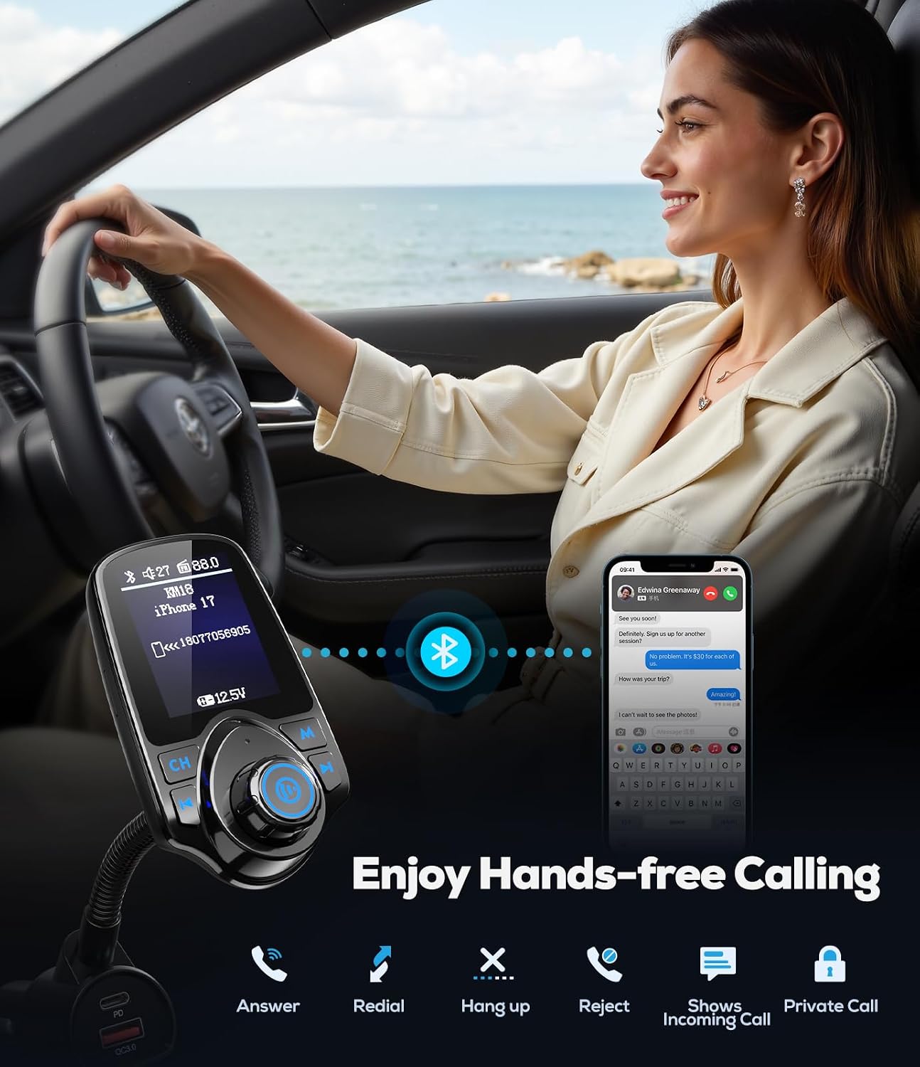 1.8" Color Screen 48W Bluetooth 5.4 Car Adapter FM Transmitter | Dual Fast Charging Ports[PD 30W & QC3.0 18W], 7 EQ