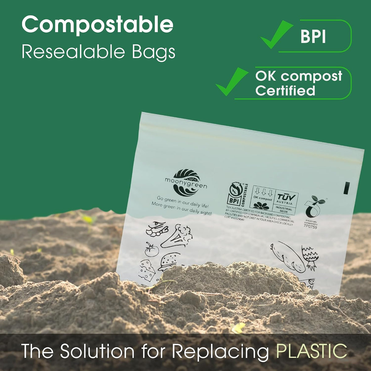 Compostable Food Storage Bags, Resealable Sandwich Bags, 50 Count, 6.7 x 6.8 inches, Extra Thick, Certified US BPI