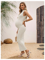 Women's Maternity Mock Neck Sleeveless Ruched Bodycon Maxi Dress