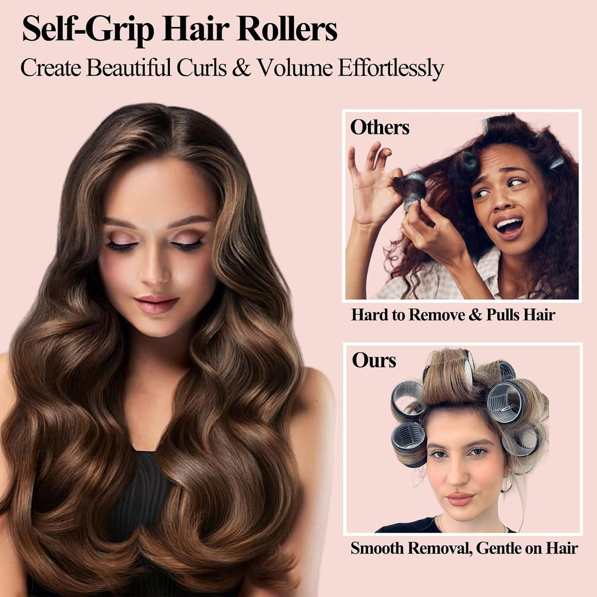 Self Grip Hair Rollers Set, 24 Piece Heatless Curlers with Clips, 4 Sizes Jumbo Rollers (2.5", 2", 1.5", 1") for