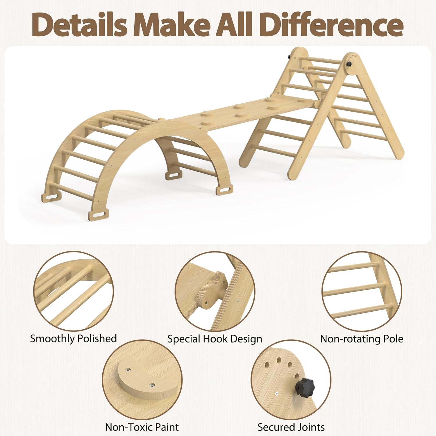 Large Pikler Triangle Set, 7-in-1 Toddler Climbing Toys Indoor, Wooden Montessori Climbing Set with Arch Ramp Ladder