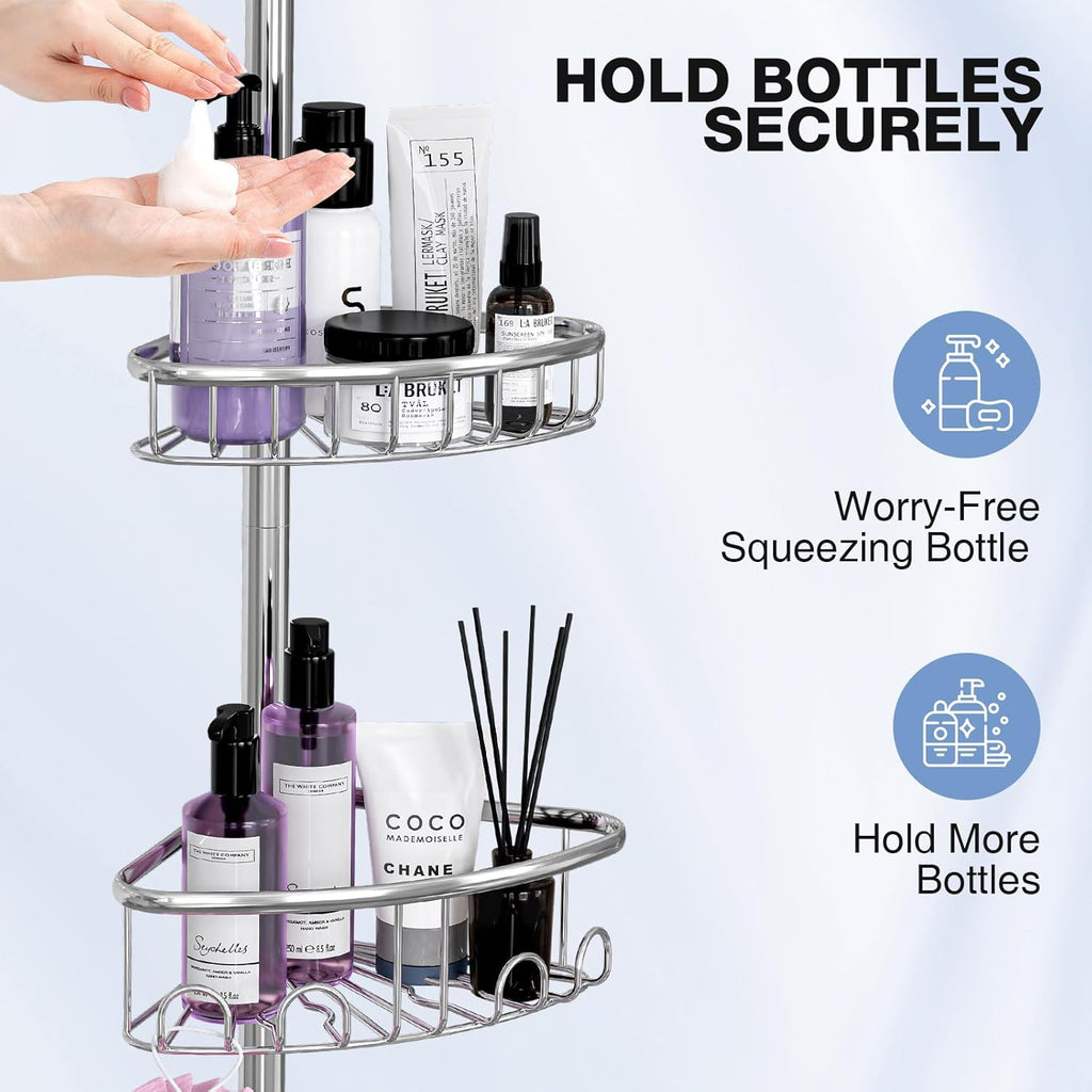 Corner Shower Caddy Tension Pole: Stainless Steel Rustproof 4-Tier Shower Organizer - 47-121 inch Adjustable Bathroom