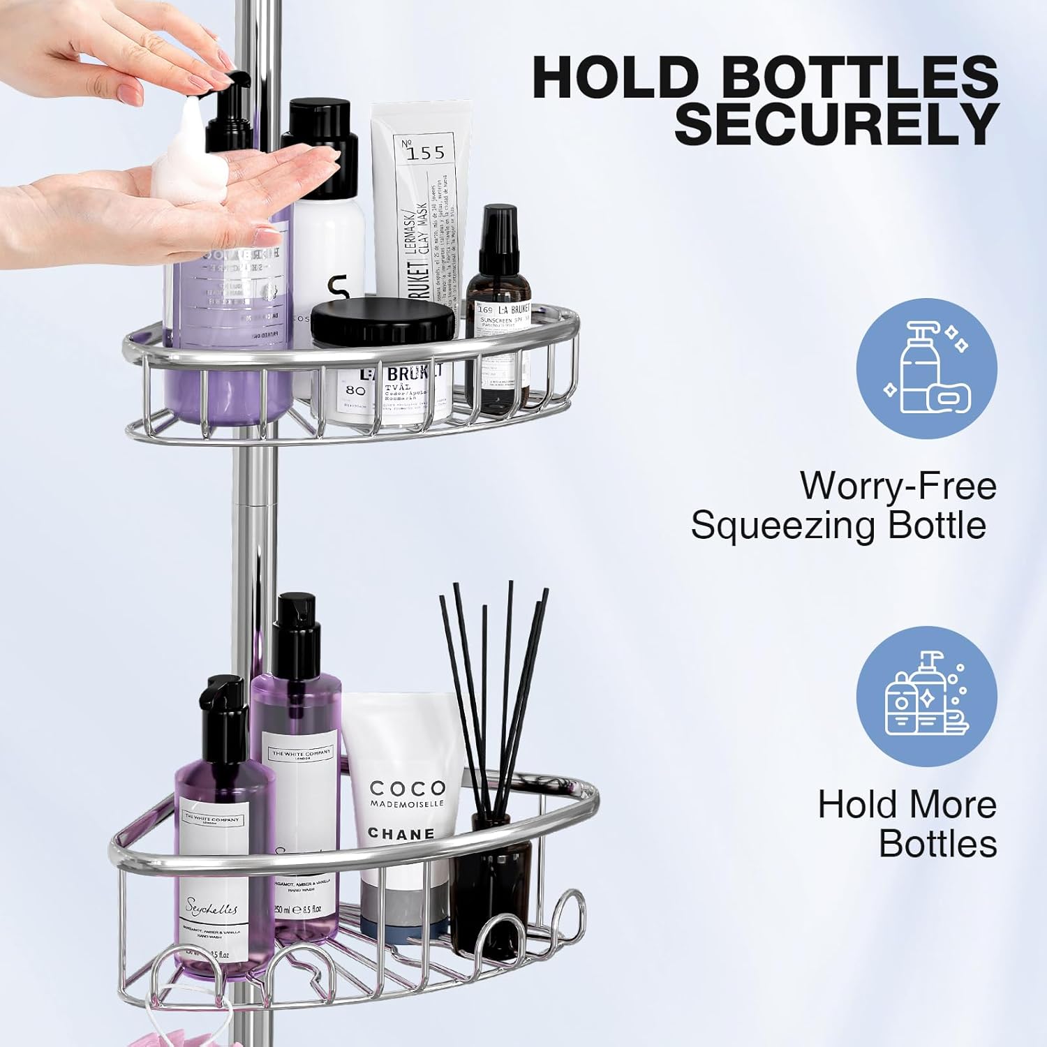 Corner Shower Caddy Tension Pole: Stainless Steel Rustproof 4-Tier Shower Organizer - 47-121 inch Adjustable Bathroom