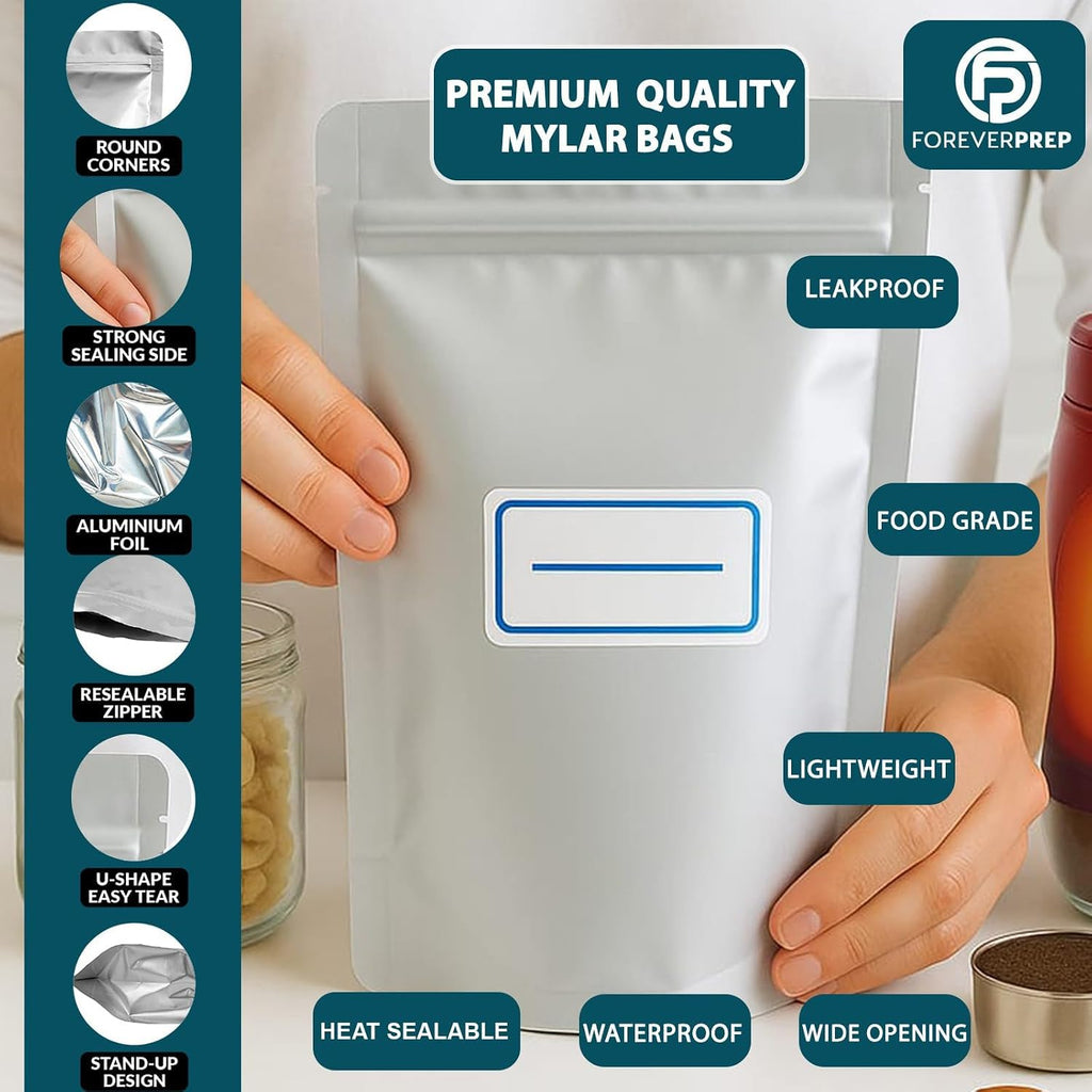 155 Mylar Bags with 155 Oxygen Absorbers-210 Labels & Airtight Resealable | 4 Sizes Stand-Up Heat Sealable with 5