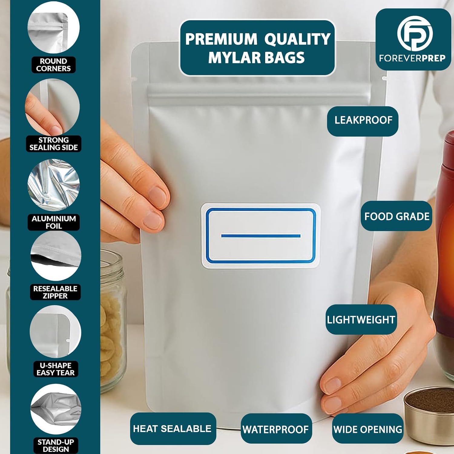 155 Mylar Bags with 155 Oxygen Absorbers-210 Labels & Airtight Resealable | 4 Sizes Stand-Up Heat Sealable with 5