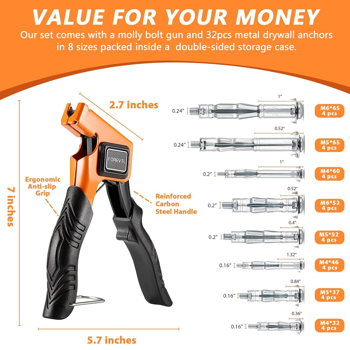 Molly Bolts for Drywall & Plaster Walls (0.12"-1.52"), 32PCS in 8 Sizes Screws with Molly Bolts Setting Tool, Heavy