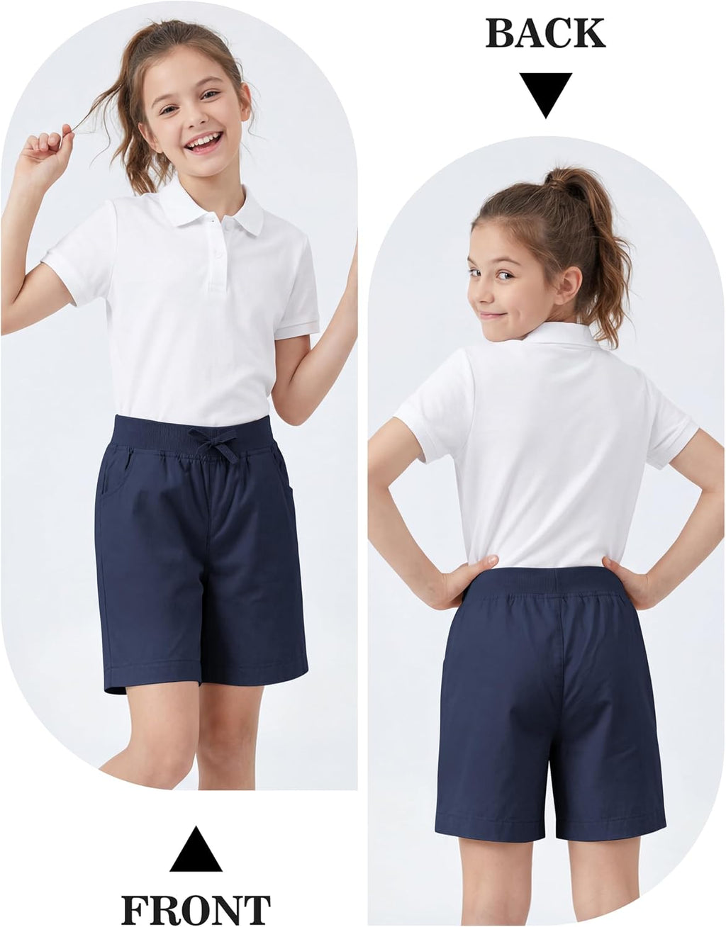 3 Pack Girls School Uniform Bermuda Shorts Pull-on Cotton Chino Elastic Waist Soft Play Shorts with Pockets 5-13Y
