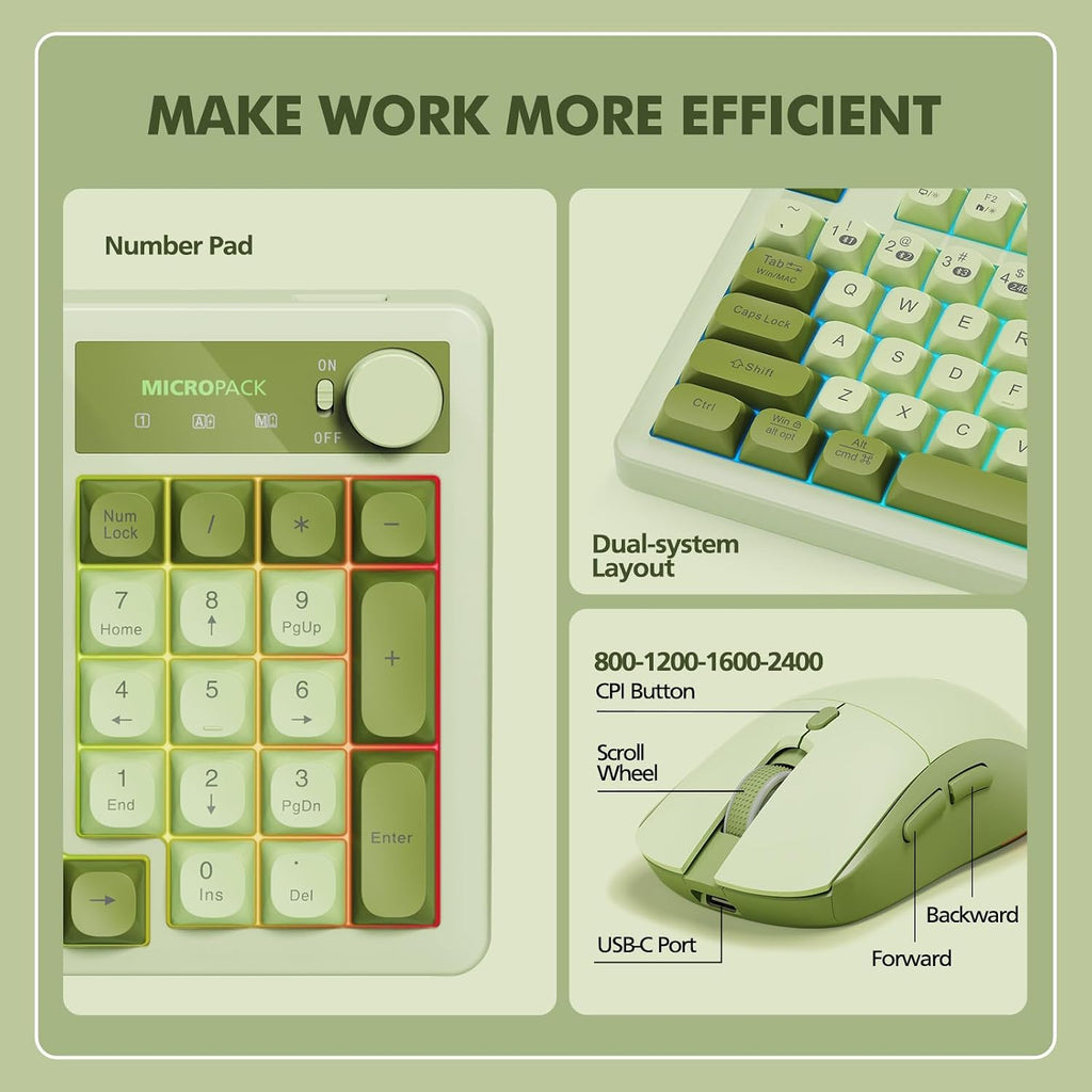Wireless Keyboard and Mouse Combo Creamy with Number Pad for Desktop Mac iPad Bluetooth/2.4ghz/Wired Rechargeable