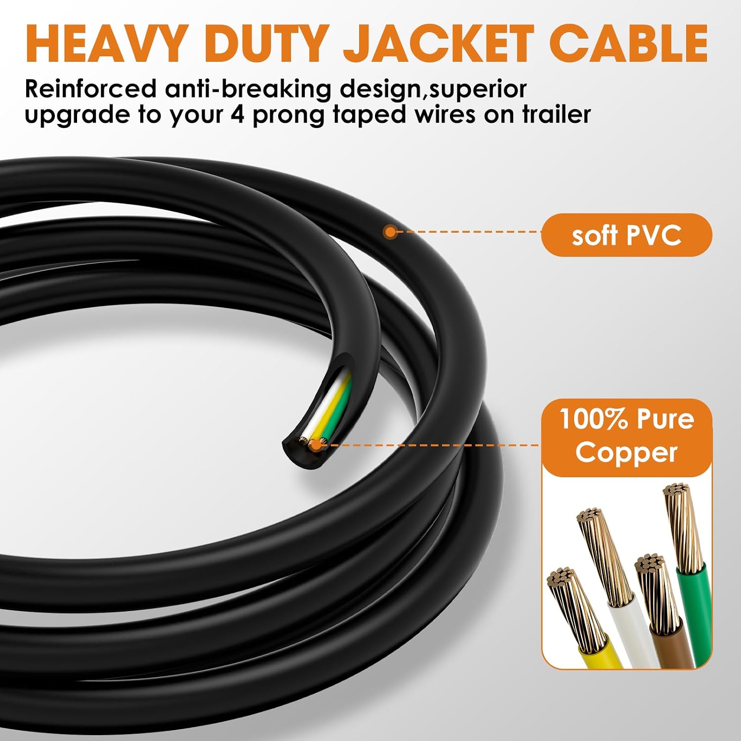 4 Way Trailer Wiring Harness 5FT Jacketed Cable, 16AWG 4 Pin Flat Trailer Extension Connector Trailer Wire 4 pin