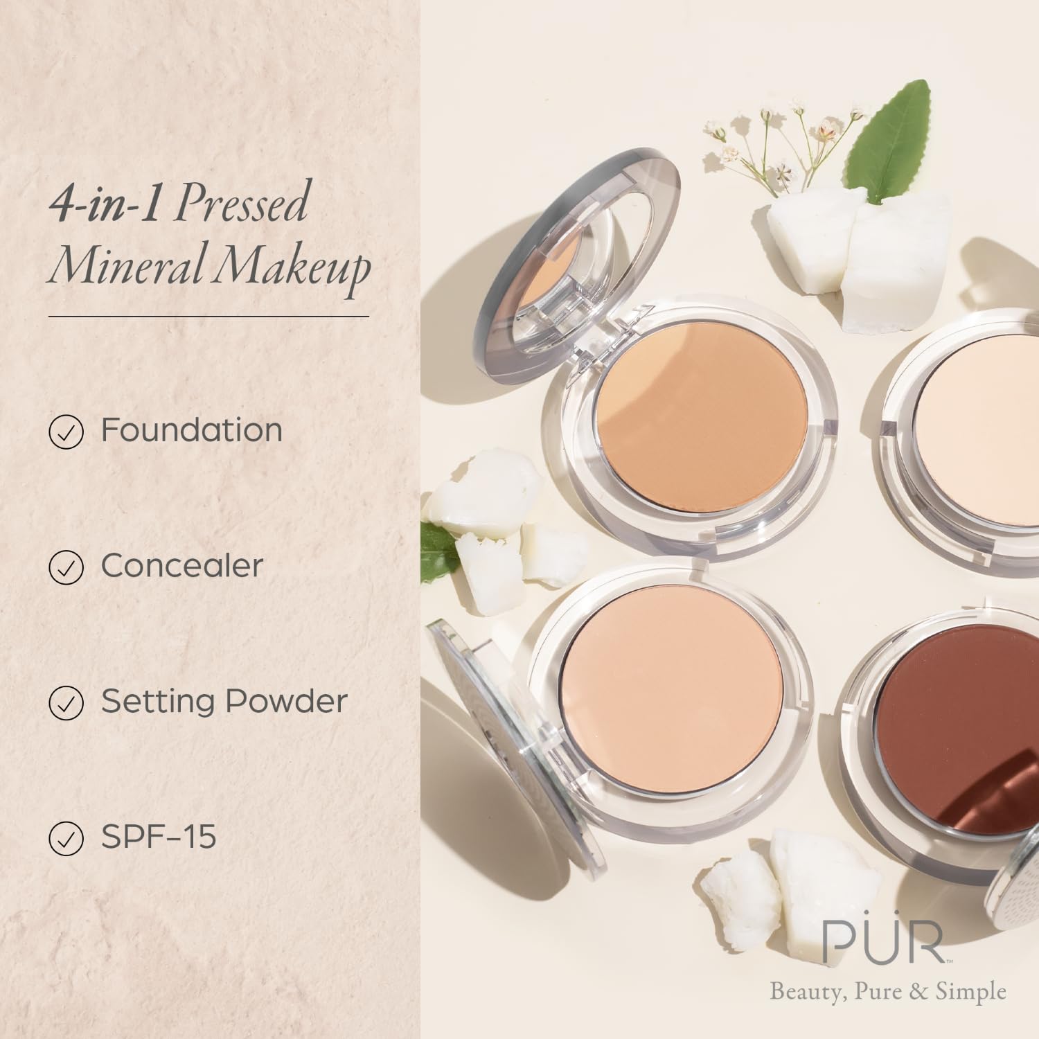 PÜR MINERALS 4-in-1 Pressed Mineral Makeup Powder Foundation with SPF 15 - Concealer & Finishing Compact Pressed